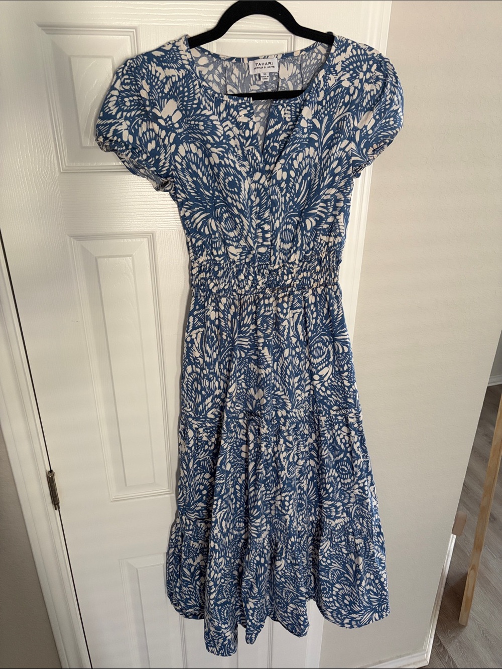 Blue and White Floral Shirred-Waist Flowy Midi Dress